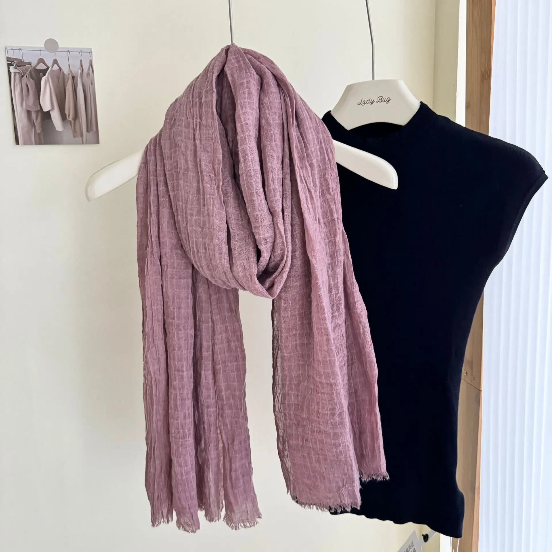 Cotton Linen Scarf Pleated Waffle Texture Women's Spring and Autumn Thin Solid Color Cotton Yarn Shawl Dual-purpose Long Winter