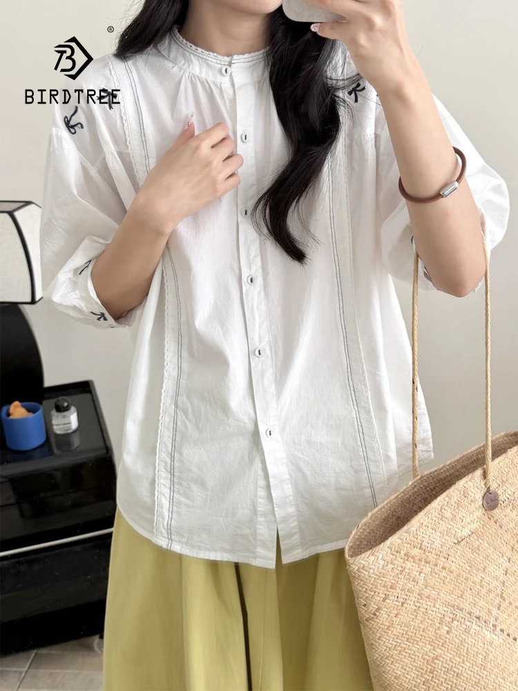

New 2026 Summer Women Cotton Half Sleeve Shirt, Stand Bow Embroidery , Mori Girl Sweet Preppy Style INS Loose Blouse T65589CC