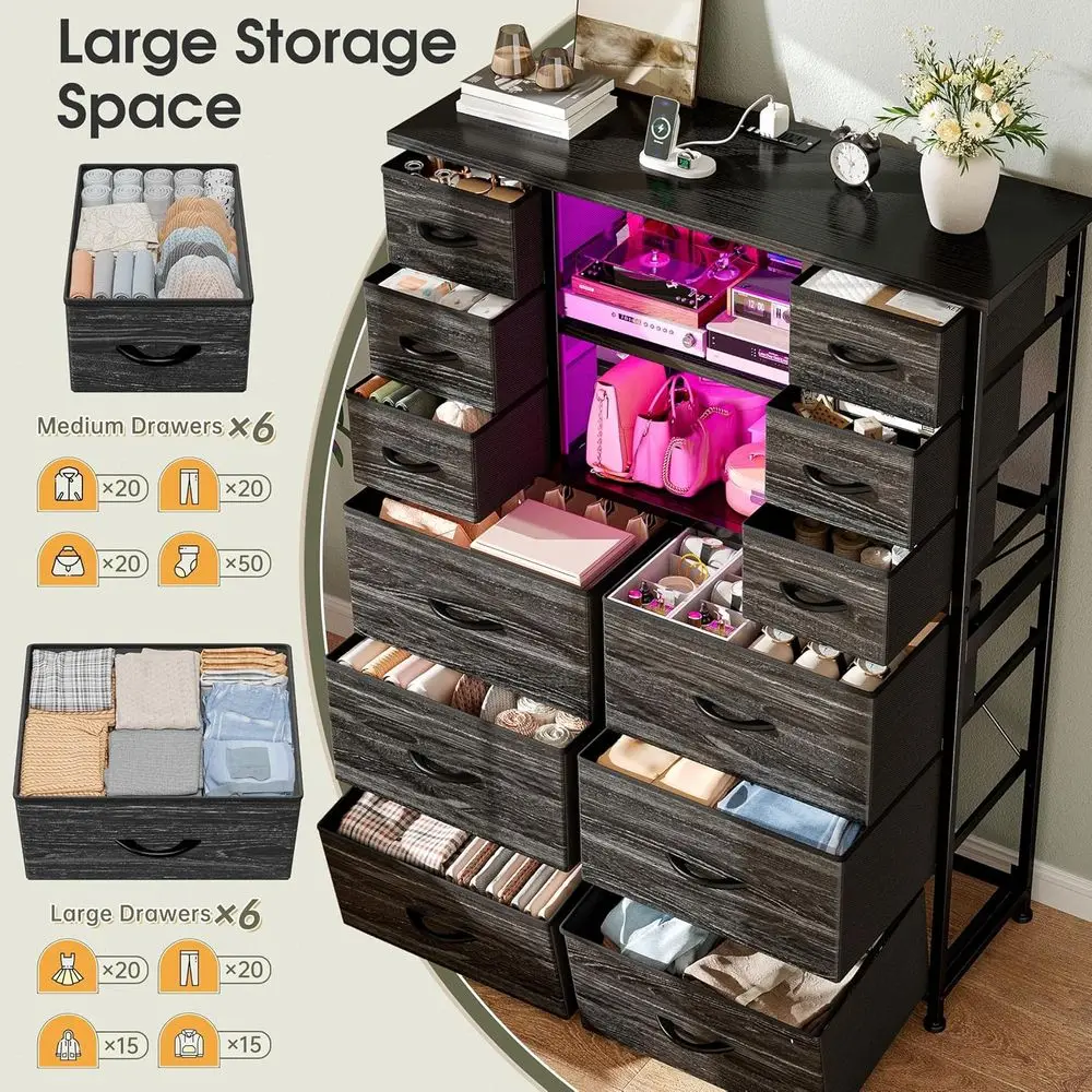 Estação de carregamento para quarto DAFIFY e cômoda com luz LED, grande corredor/sala de estar, entrada, estrutura de metal, cômoda e baú preto, 50.6