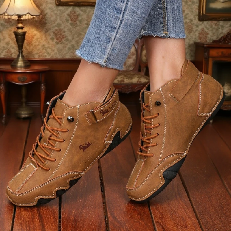 Women's Casual Leather High Top Ankle Shoes Unique Stitching Lace Up Walking Shoes Anti Slip Luxury Brand Retro Women's Boots image 5