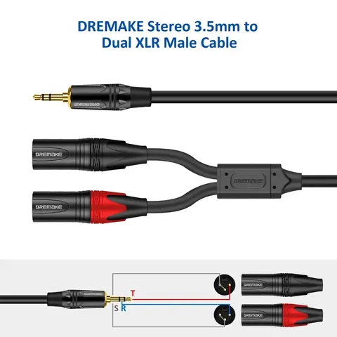 DREMAKE Jack 3.5mm TRS Stereo to Double XLR Male Patch Cord 3.5mm 1/8 Inch to Dual XLR Male Adapter Breakout Y Splitter Cable