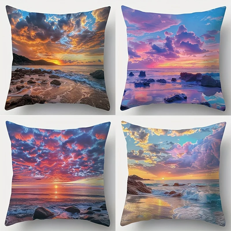 

4Pcs Farmhouse Throw Pillow Covers Vibrant Sunset Coast Rocky Beach Color Sky Seascape Pattern Cushion Cases for Study Lounge