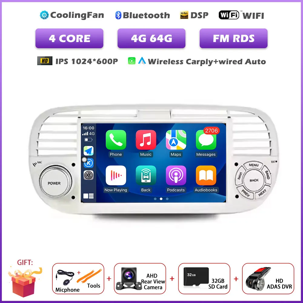7 inch Android 16 Auto voor FIAT 500 2007-2015 GPS Navigatie Draadloze Carplay Auto Multimedia Videospeler Stereo Autoradio tools BT