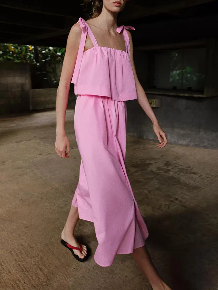 

Sweet Knot Decorated Wide Shoulder Strap Midi Dress New Summer Fashion Women's Clothing Ethnic Stage Costume