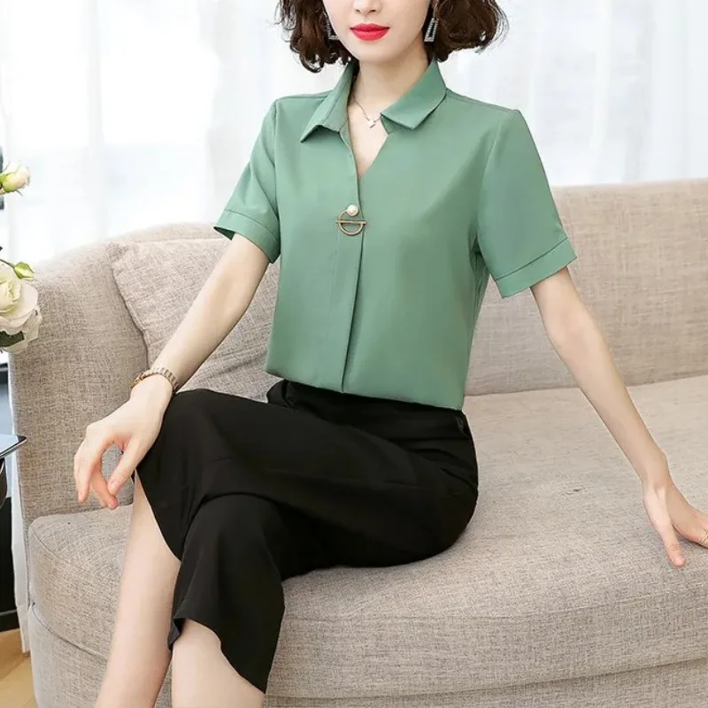 Summer Women's Clothing Solid Color Pullover Rivet Turn-down Collar Short Sleeve Chiffon Shirt Casual Elegant Formal Tops