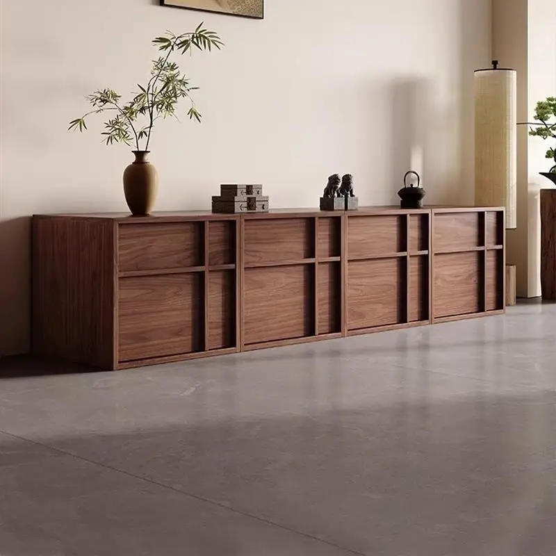 TV cabinet, living room, home modular retro solid wood card door cabinet, walnut short cabinet, floor-to-ceiling