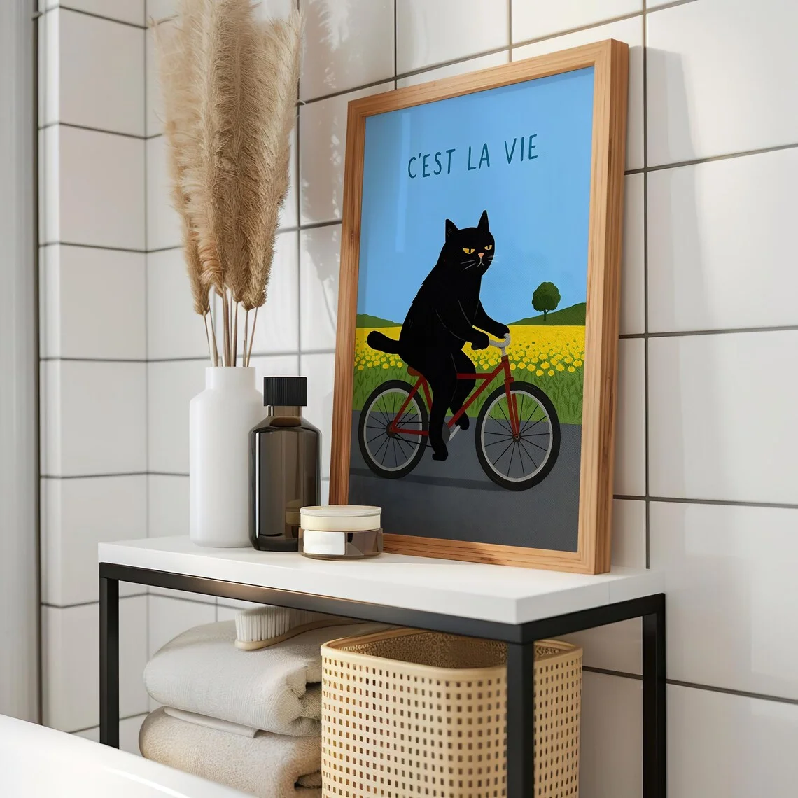 Cozy French Cat Adventure Wall Art - Whimsical Pop Art Print Capturing the Essence of "C'est La Vie" with a Cool Cat on a Bike R image 5