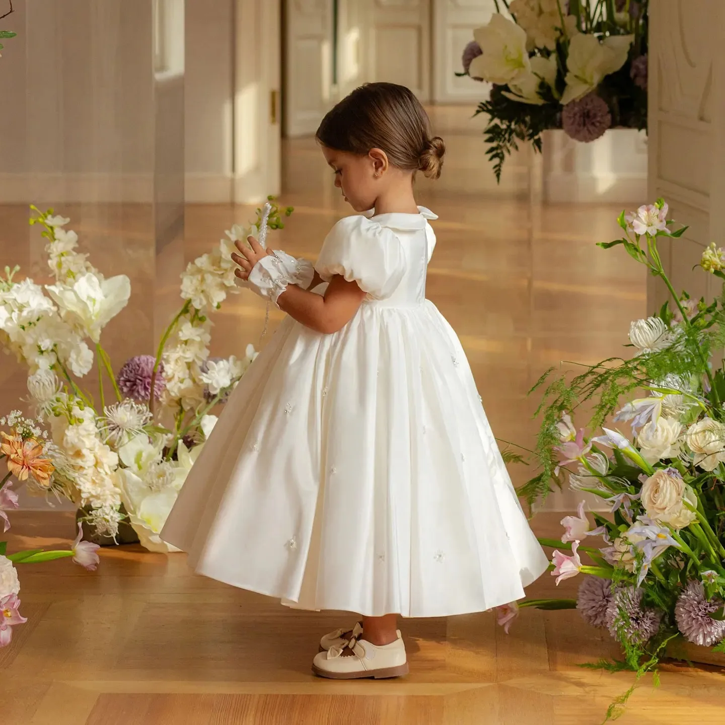 Vestidos blancos de flores para niña, vestido de desfile para boda, satén con cuentas hasta el tobillo, fiesta de cumpleaños de princesa, vestido de primera comunión