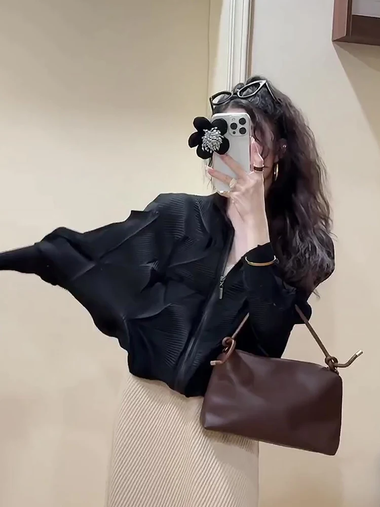 

High-End Design Short Zipper Sleeveless Jacket Women's Summer Top Batwing Sleeve Stand Collar Pure Color Cardigan by Sanza Feng