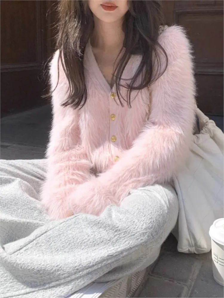 Autumn Winter Furry Cardigan Coat Sweater Women 2023 Fashion Pink Kintted Coats Cropped Top Korean Womens Cardigans Woman Coat