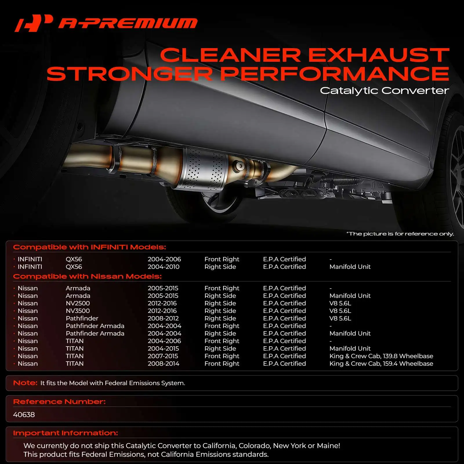 A-Premium Front Right Catalytic Converter for Nissan Pathfinder 2008-2012 Titan 2004-2015 Armada 2005-2015 NV2500 2012-2016