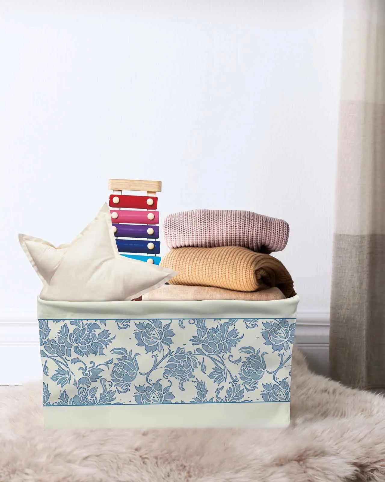 Retro, Hand-Painted PatternsBasket Clothes Folding Storage Box For Nursery Underwear Toy Organizer Laundry Basket With Hand