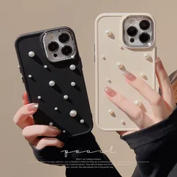 Funda de teléfono de perlas 3D de lujo para iPhone 14, 13, 12, 11 Pro Max, X, XS, XR, 7, 8 Plus, SE, protección de lente chapada 2022, cubierta suave a prueba de golpes