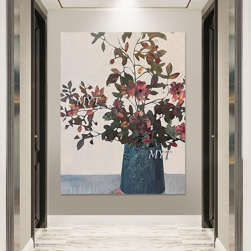 Modern Oil Paintings, Acrylic Scenery Art Abstract Frameless Picture, Flowers In Vase Textured Hand Drawing Wall, Canvas Artwork