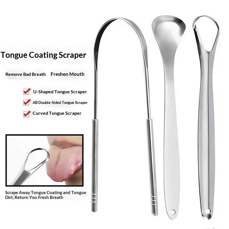 (N) 3Pcs Stainless Steel Tongue Scraper Professional Tongue Brush Cleaner For Removing Tongue Coating Oral Care Tool