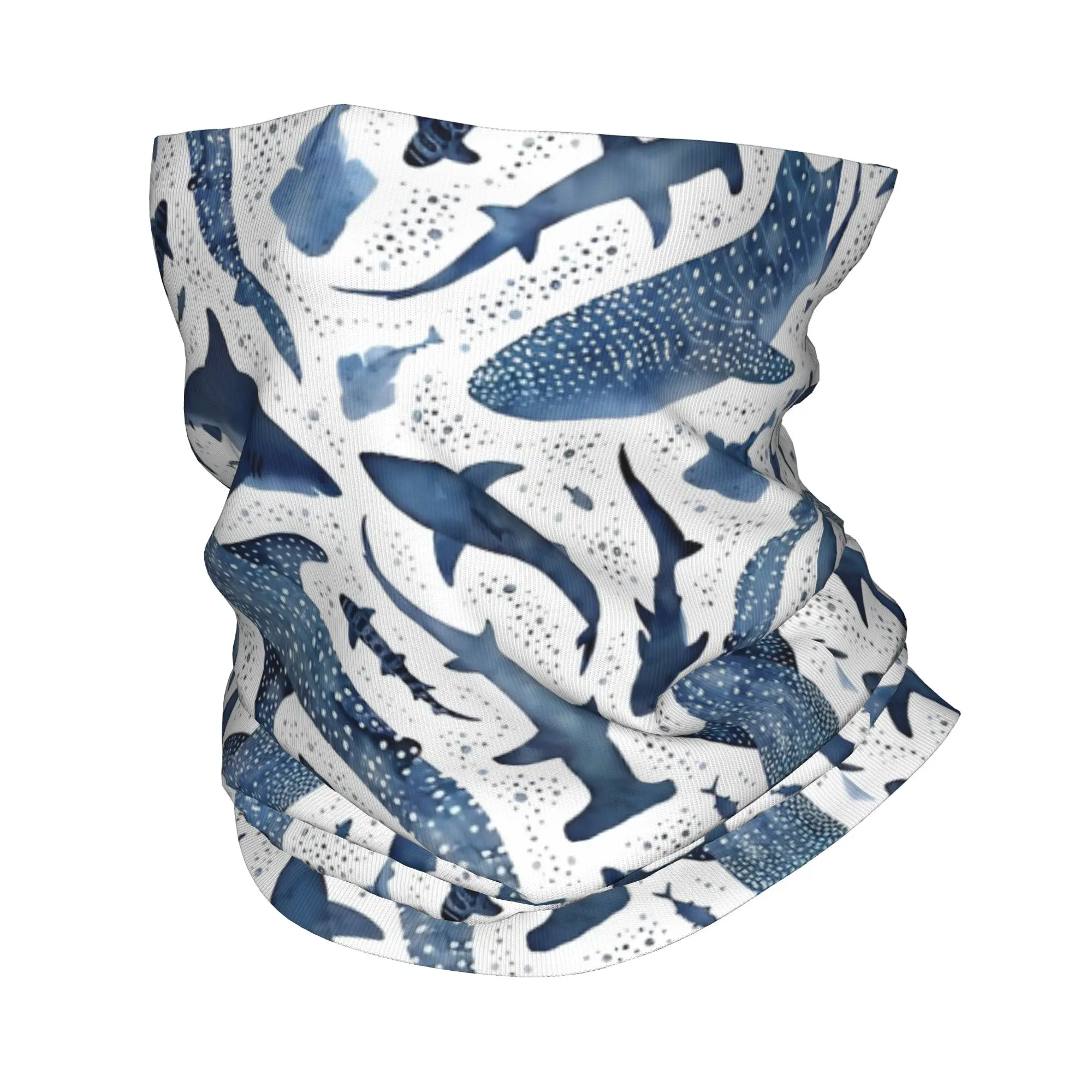 Monochrome Blue Watercolour Shark Ocean Bandana Neck Gaiter Starry Whale Sharks Scarf Balaclava Sports Adult Breathable image 2