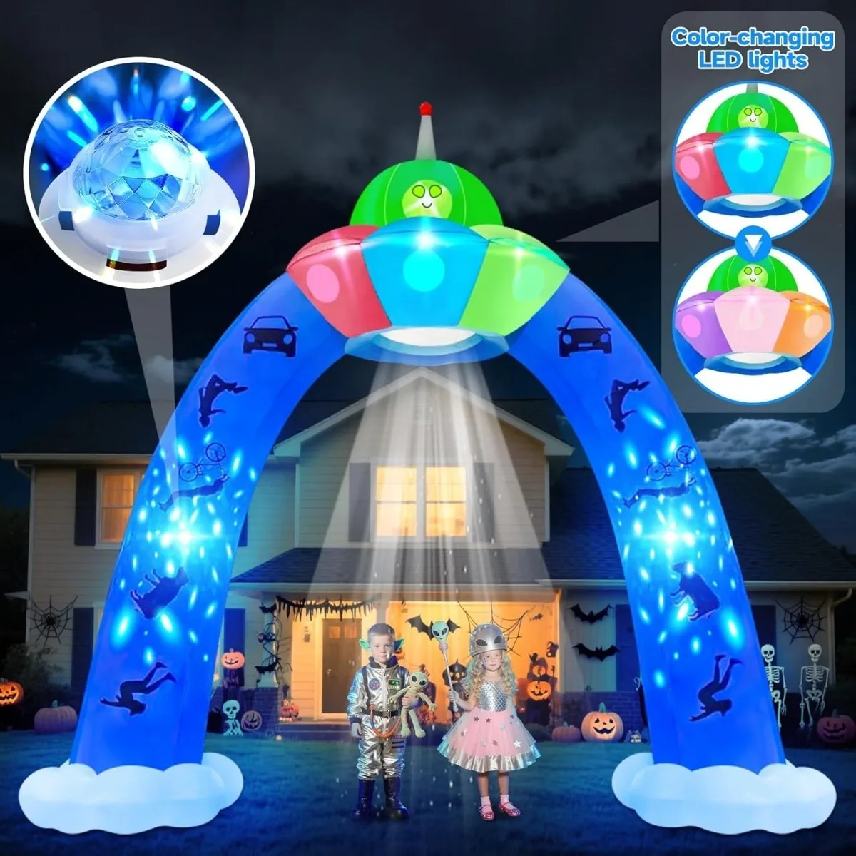 9.4FT/2.85M Giant Inflatable Decor UFO Archway with Green Alien Outdoor Halloween Yard Decorations Lawn Patio Garden Entrance