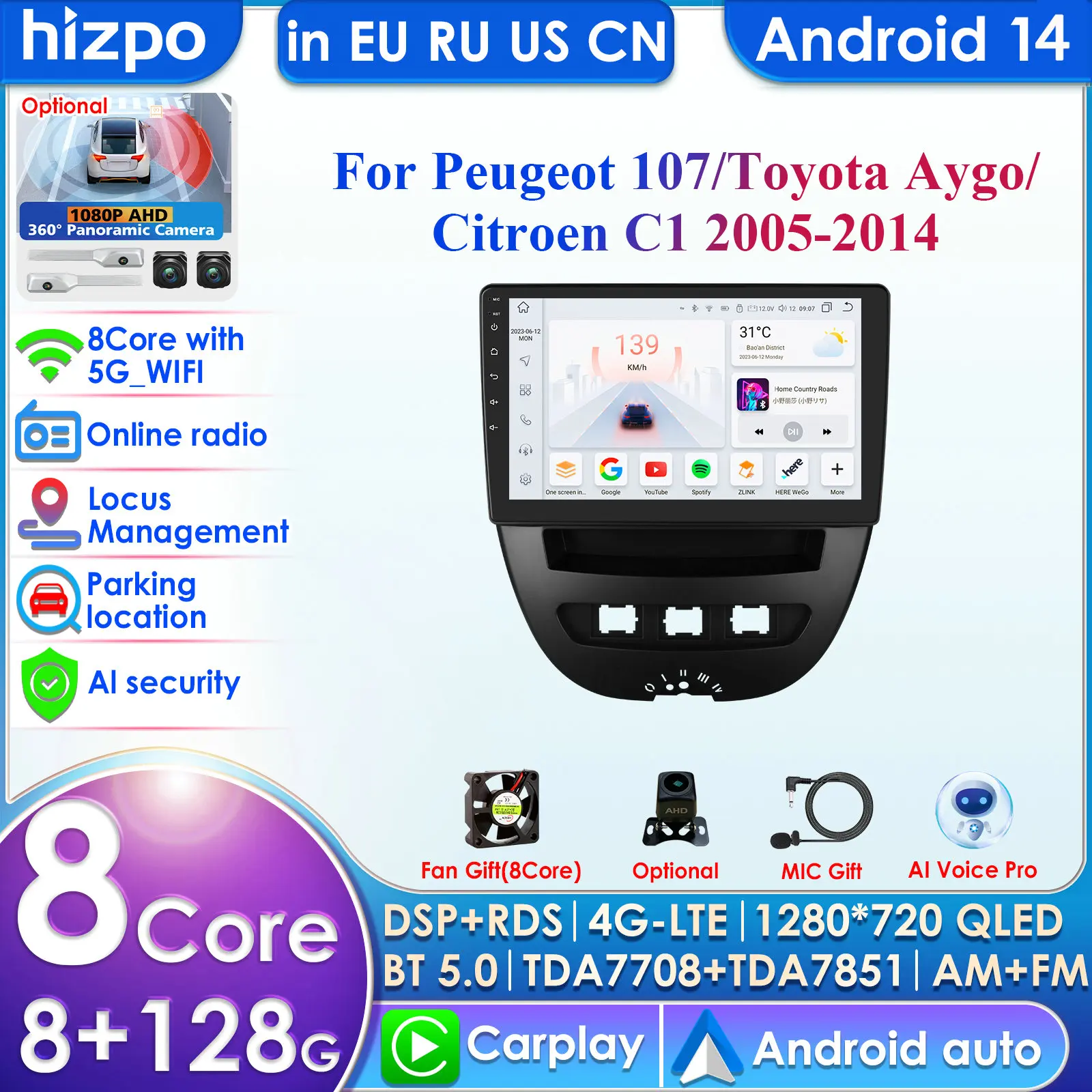 

Hizpo Carplay 4G 360 Camera Android13 Car Radio for Peugeot 107 2005-2014 Citroen C1 Toyota Aygo Video Player GPS 2din Autoradio
