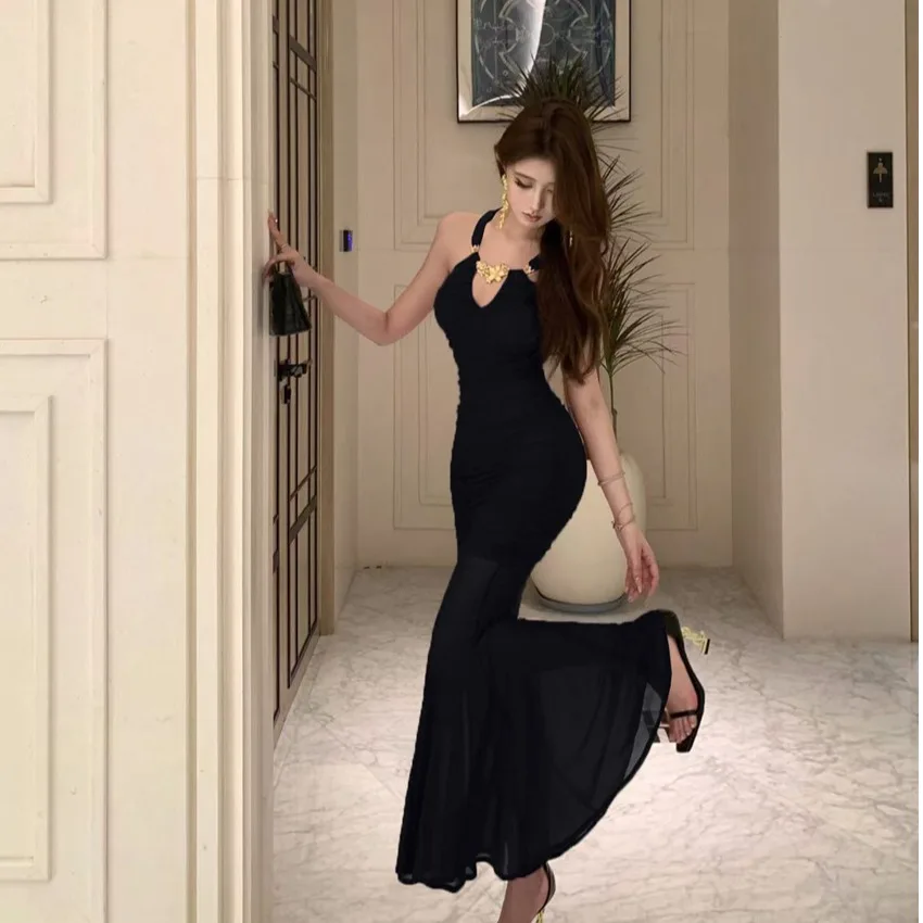 레드 피이 테일 드 네 행잉 메탈 블루 스플라이스 거즈 슬리밍 드 스프링 가을 신상 여성 패셔너블 가운