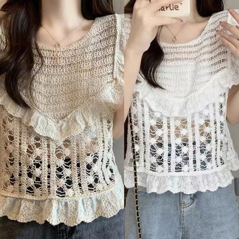 แฟชั่นถักสำหรับเสื้อกล้ามสำหรับผู้หญิง All-Matching Cami Tops น่ารัก Ruffle Trim Hollow เสื้อกั๊กสุภาพสตรี Camis