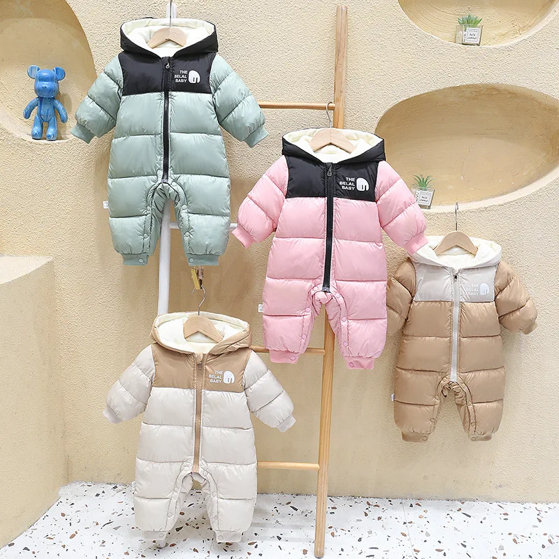 

Infant Babys Girls Ski Suits Winter Spliced Letter Thicken Warm Newborn Girls Jumpsuits Plush Kids Girls Hooded Parkas Snowsuits