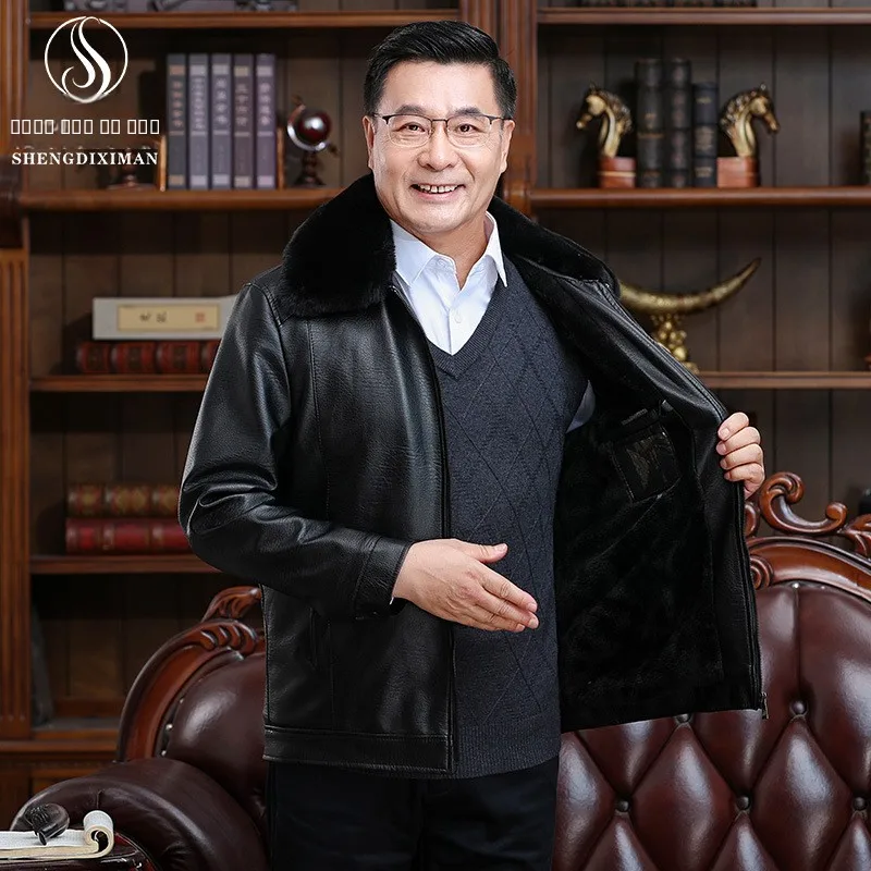 

Новая зимняя мужская кожаная куртка Jaet Thiened Fce с меховой подкладкой, теплая, с меховым воротником, повседневная, удлиненная, из полиэстера, с пятью карманами