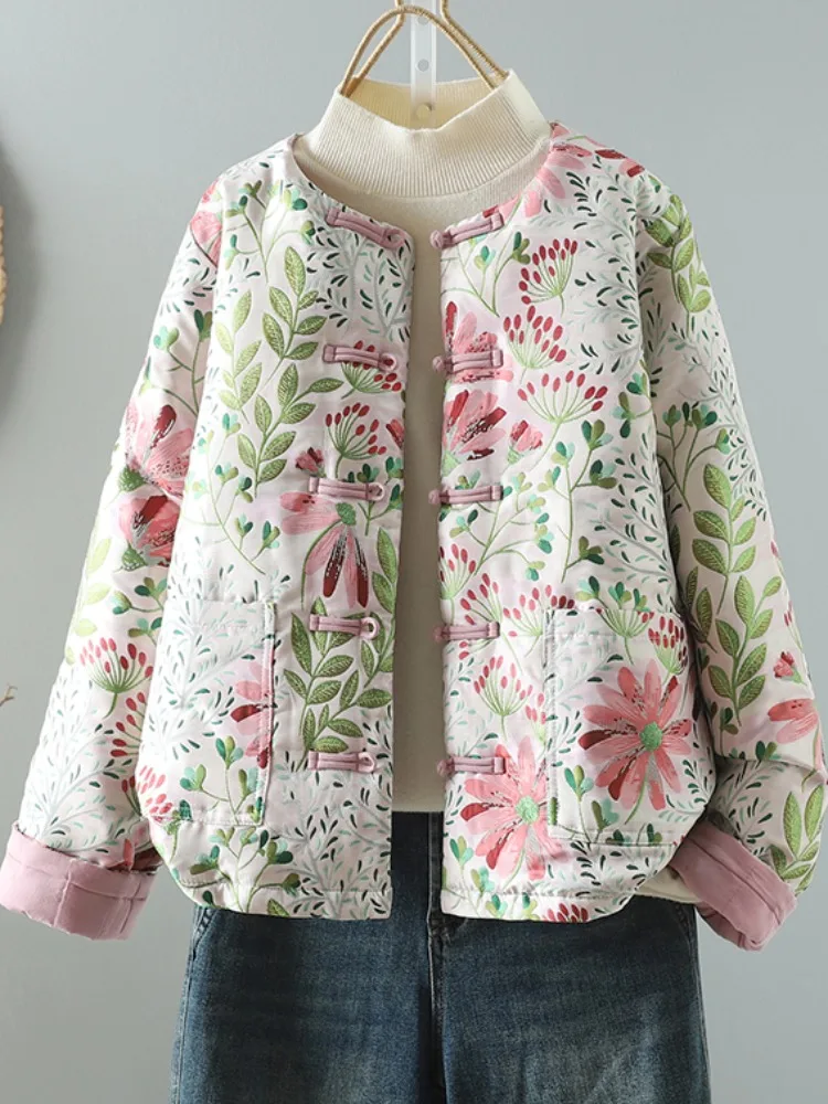 

New Chinese Style Embroidered Cotton Jacket Women's Winter Fashion Retro Buttoned Coat Thickened Long Sleeve round Neck Outer...
