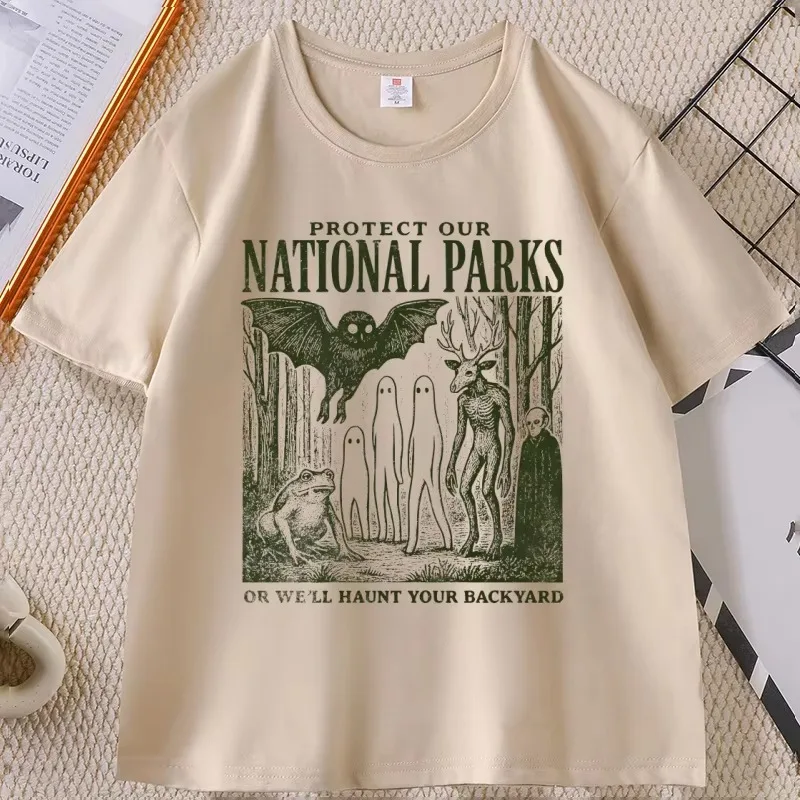 Beige Halloween T‑Shirt Protect Our National Parks Spooky Forest Creatures Ghost Bat Monster Retro Graphic Print Casual Short