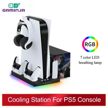 GAMINJA P58 P5 Cooling Station Stand with RGB Light Cooling Fan for Playstation 5 Game PS5 Dual Controllers Charger Accessories