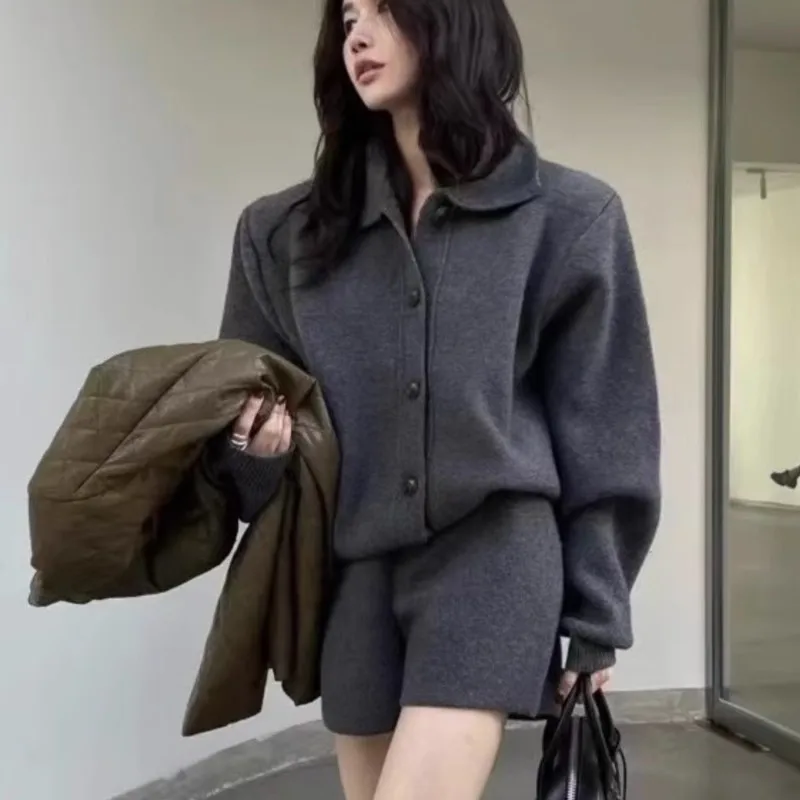 Autumn Winter New Two-piece Knitted Sets Single Breasted Sweater Top High Waist Shorts Korean Fashion Casual Outfits Solid Suit