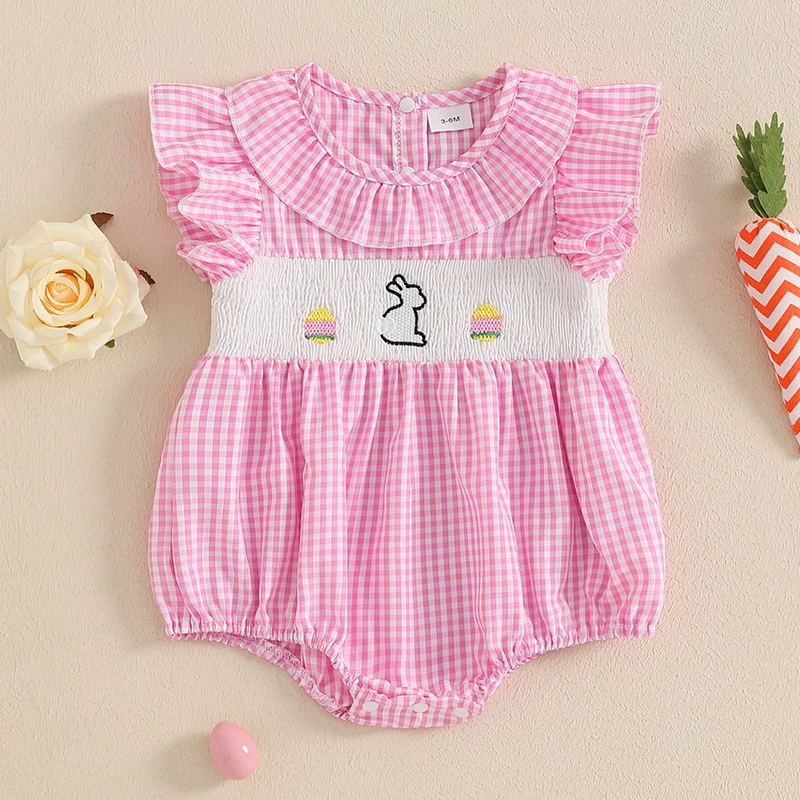

0-18M Summer Newborn Baby Girls Easter Clothes Rabbit Embroidery Plaid Round Neck Fly Sleeve Romper Jumpsuit Outfits Clothes