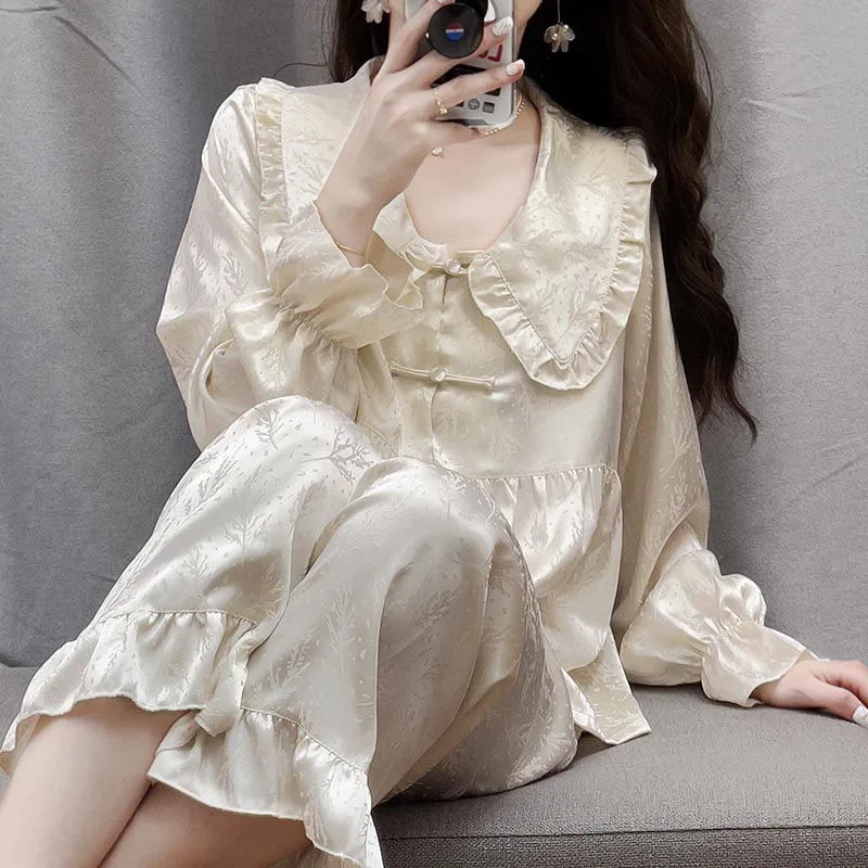 Dial Buckle Pajamas Female in The Autumn Long Sleeve Sweet French Court Loungewear Ice Silk Set Sleepwear Neo-chinese Style