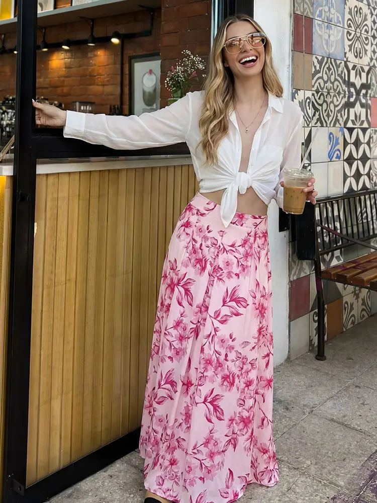 HH Women Sweet Pink Floral Print Midi Skirt High Waist Pleated A Line Skirt Summer Casual Loose Women Holiday Beach Skirts