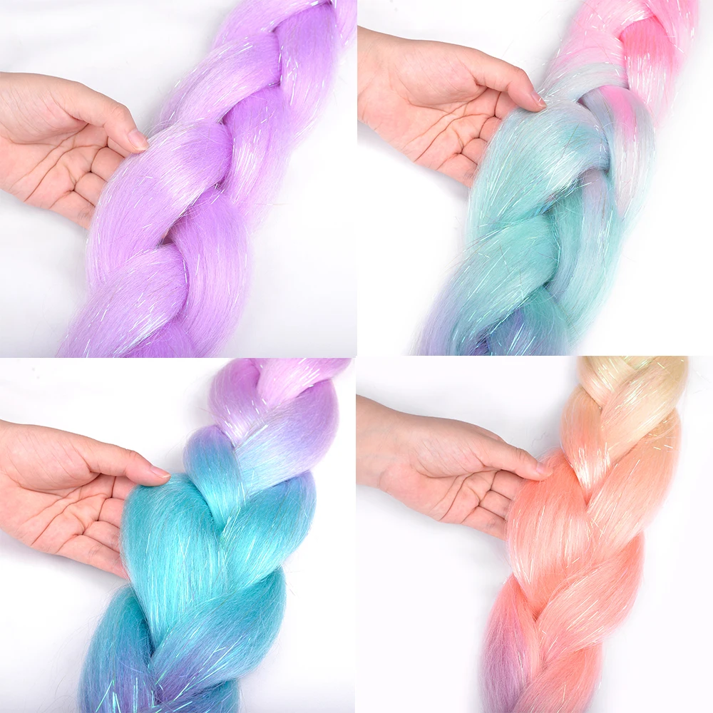 Jumbo Braid Hair Glitter Sparkle Rainbow Colored Hair Ombre Tinsel Crazy Hair Festival Rave Hair Extensions for Girls Women