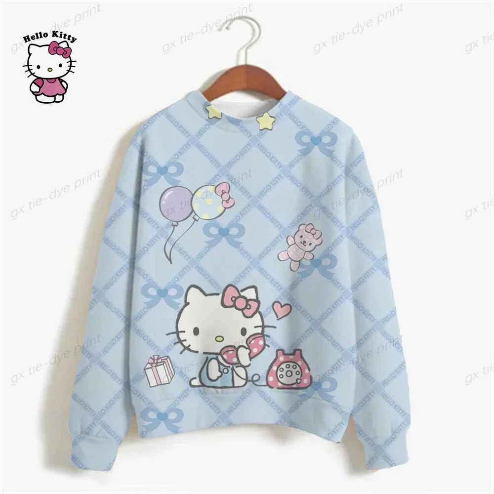 New Woman O-Neck Sweatshirt Casual Loose Fit Hoodie Harajuku Aesthetic Streetwear Hello Kitty 3D Pullover Tops Korean Pop