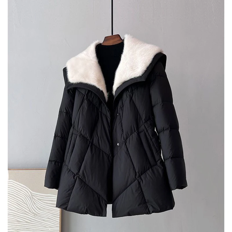 Women's Black Down Coat With Belt Fur Grass Down Coat Woolen Collar Winter Thickened Insulation Fashion White Duck Down Coat