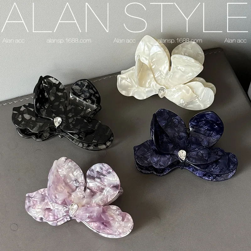 1pc Premium Acetate Shark Clip 3D Flower Bougainvillea Design Rhinestone Back of Head Hair Claw for Women