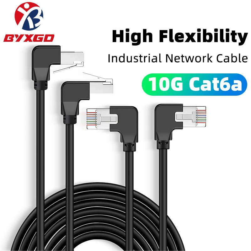 10G Right Angle Industrial Ethernet Cable, Molded RJ45, S/FTP Double Shield High Flexible Drag Chain Cable, IP67 Waterproof Oil