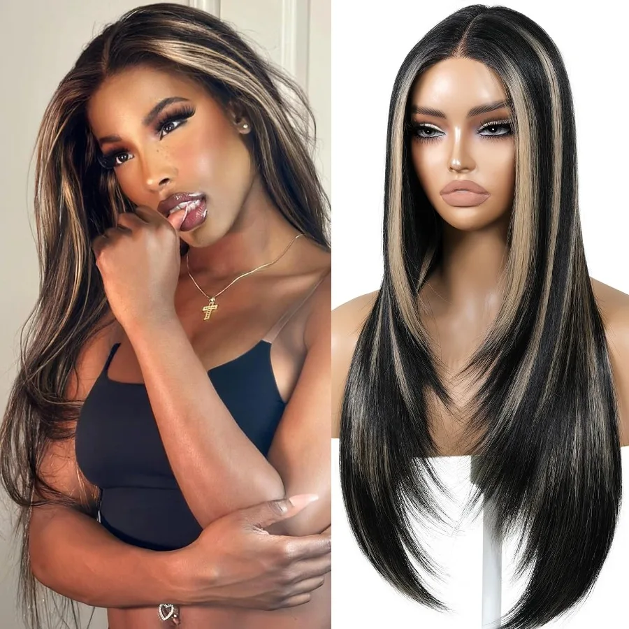 ارتداء والذهاب شعر مستعار أسود بدون صمغ مع الانفجارات الاصطناعية الدانتيل الجبهة تسليط الضوء على الباروكات للنساء قبل قطعها قبل قطع الطبقات الأسود و ث