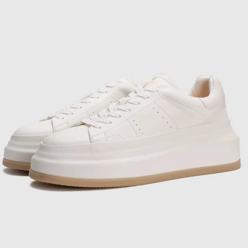 Genuine Leather White Shoes for Men's Horseskin Hand-sewn Casual Sneakers Comfortable Breathable Simple Heightening Board Shoes