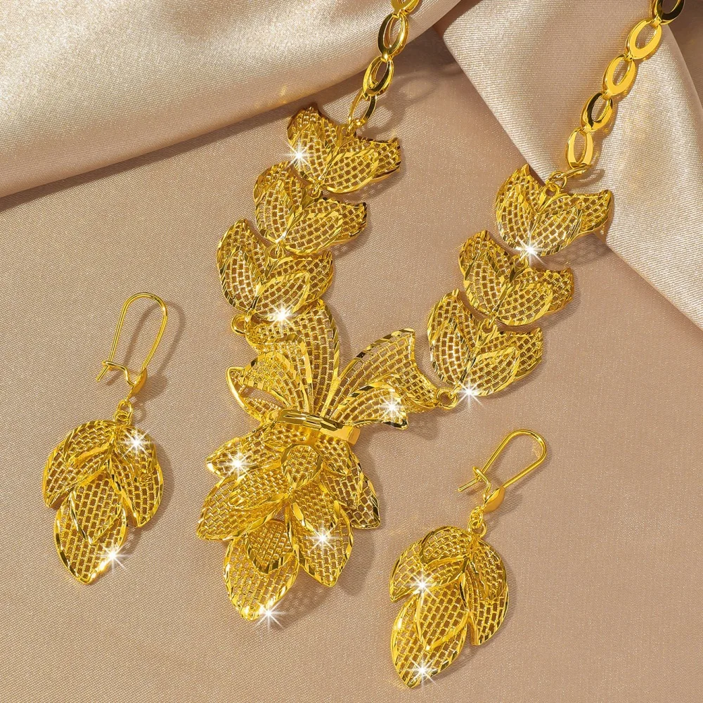 Fashionable 9999 24k Real Gold Versatile Luxury Hollow Maple Leaf Necklace Earrings Wedding Bride