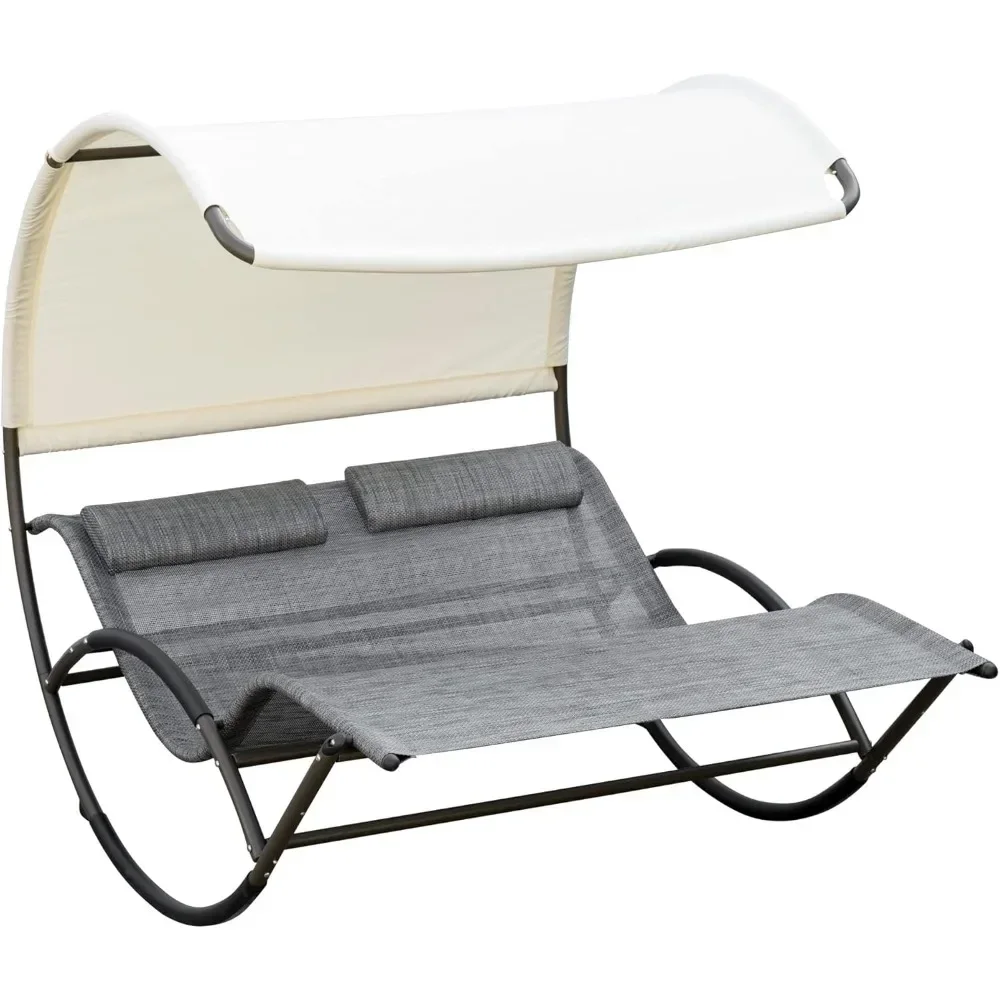 

Outdoor Double Chaise Rocking Chair, Day Bed Sun Lounger with Canopy Shade, Headrest Pillow, Armrests for Garden, Poolside