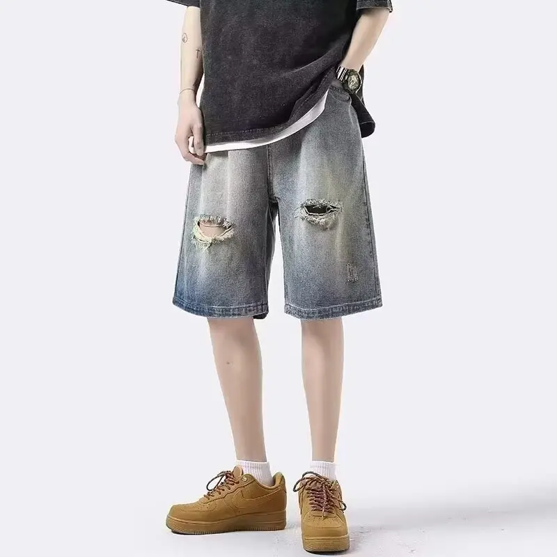 الصيف النمط الأمريكي هول الدنيم السراويل للرجال شارع العليا مستقيم ممزق البضائع السراويل الفضفاضة Y2k الشارع الشهير بانت