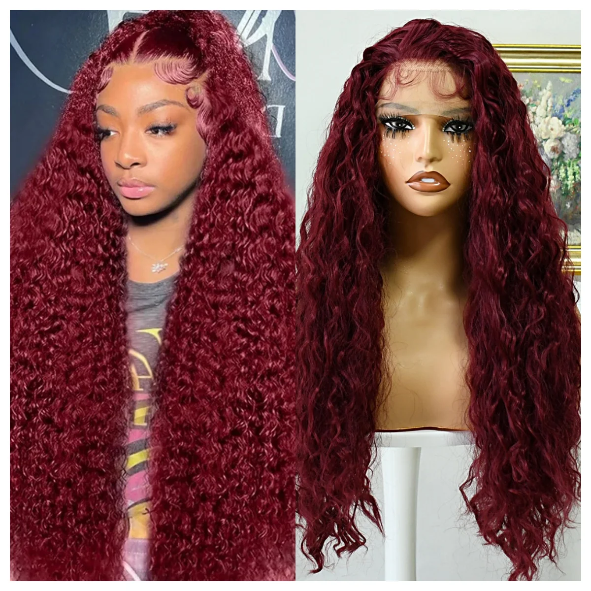 ワインレッドの合成レースフロントウィッグ、女性用バーガンディロングウェーブグルレスウィッグ、自然な生え際、耐熱ファイバーヘアレースウィッグ