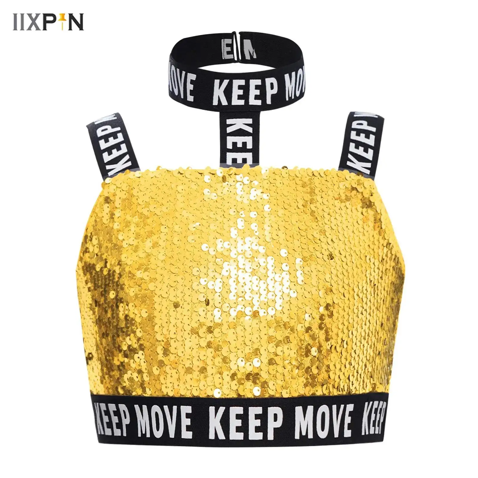 

Kids Girls Hip-Hop Jazz Dance Top Halter Wide Shoulder Straps Glittery Sequins Tank Cropped Vest for Stage Performance Costume