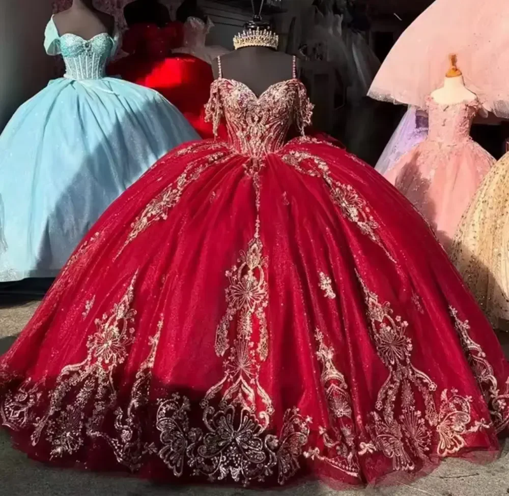 red satin quinceanera dresses Red Princess Quinceanera Vestidos Gillter Off The Shoulder Corset vest formalgowns