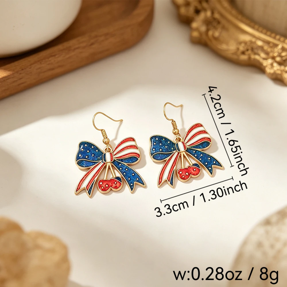 American Retro Red, Blue, and White Star-Striped Glitter Bow Cherry Ear Hooks, Independence Day Patriotic Girl Long Dangle Earrings