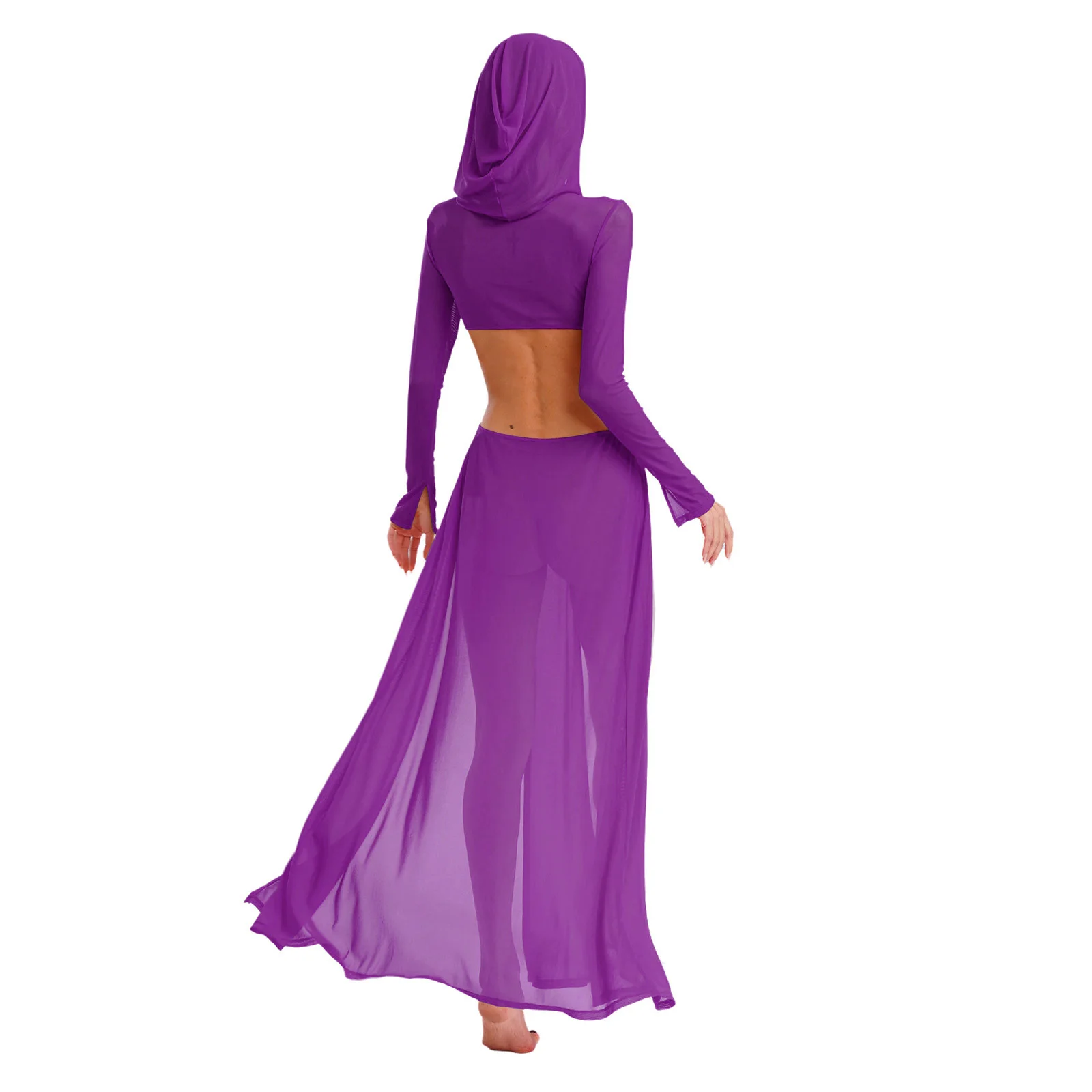 Women Sheer Dress Maxi High Slit Dress Cover Up Swimwear Sexy Mesh Dress Hooded Face Mask Long Sleeves Hollow Out Sheer Dress