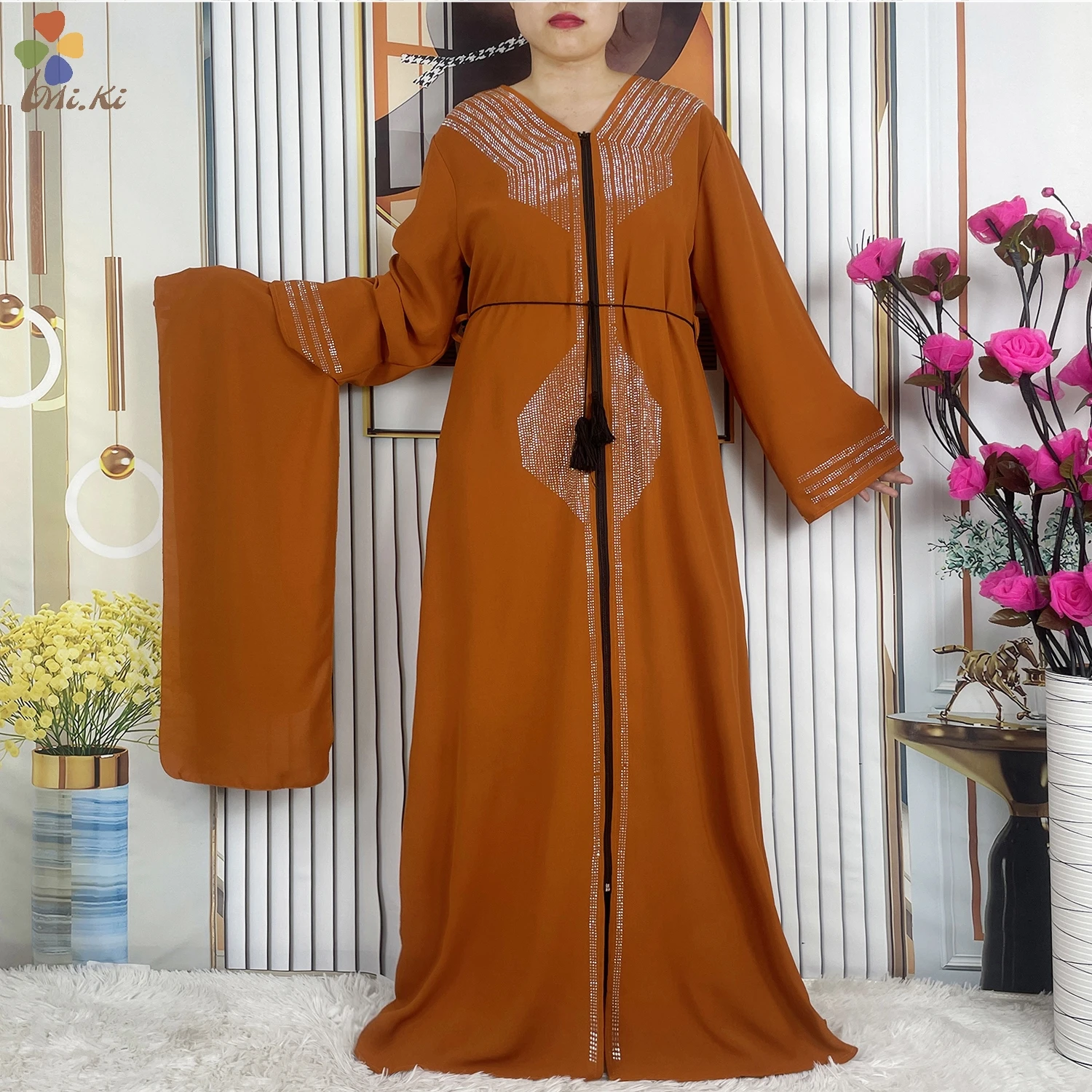 2024 African Abaya Women Open Robe Long sleeved Diamond Chiffon Robe Muslim Women Elegant Robe Kaftan Islamic Party Clothing