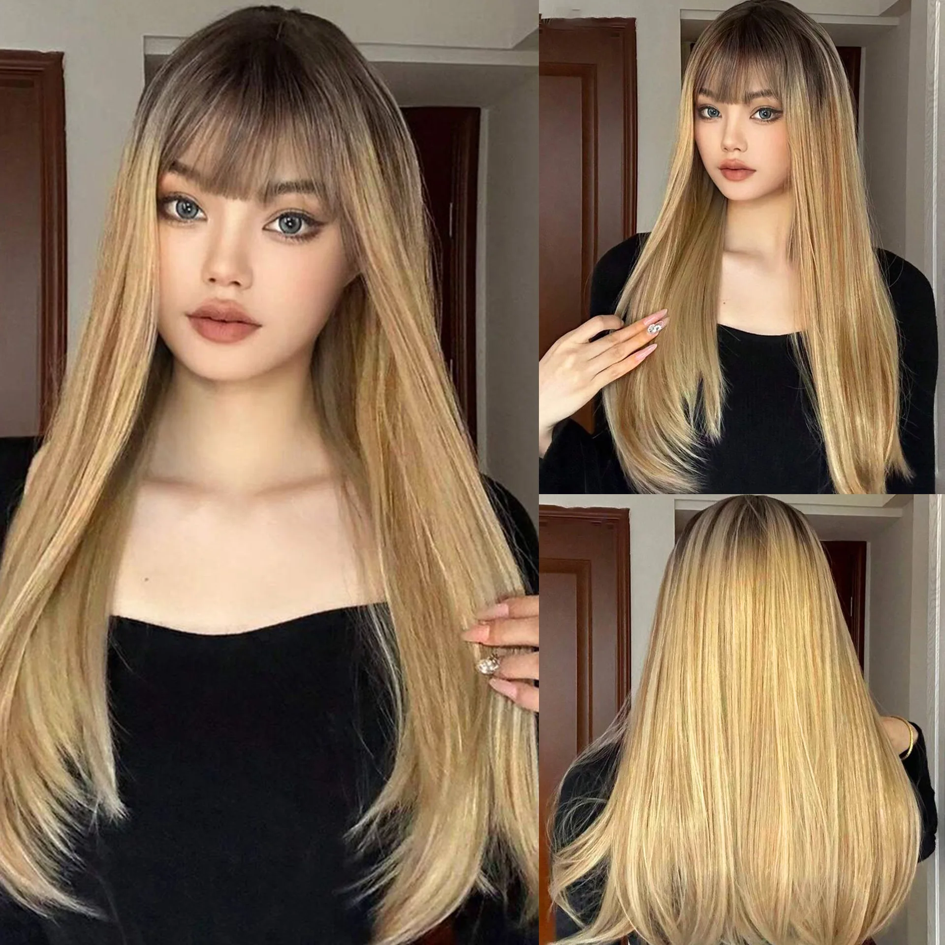 

Female Full Head Bangs Wig 613 Long Hair Chemical Fiber Straight Hair Daily cos Wigs